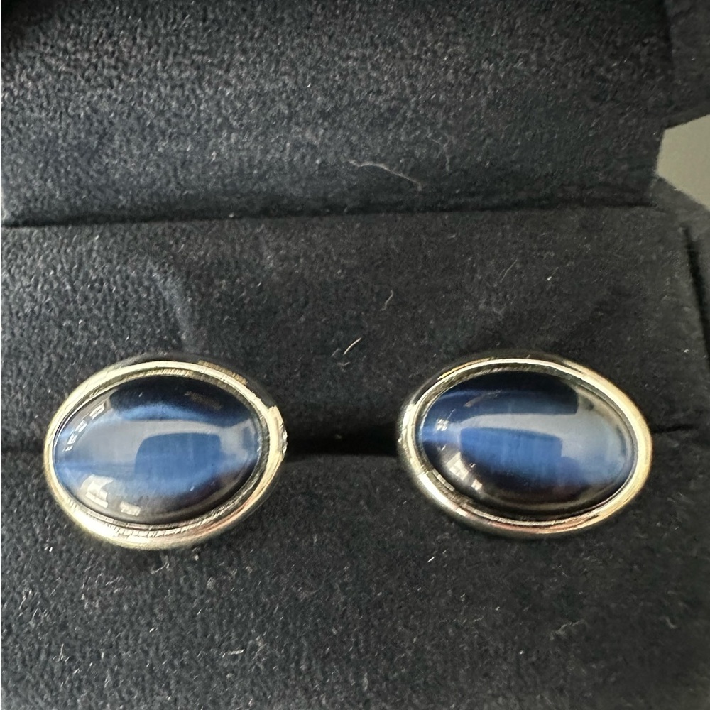 Men’s Silver Toned Cuff Links Blue Tiger’s Eye